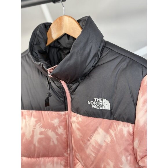 North Face Cropped Saikuru Rose Pink Tie Dye Puffer Jacket Women’s L 12-14 Zip - Picture 3 of 16